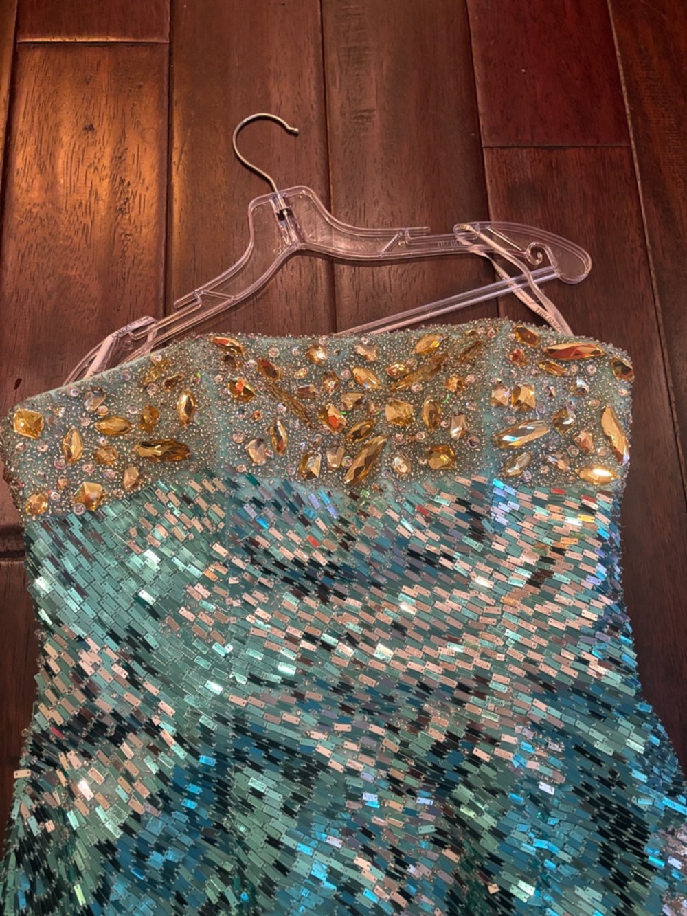 Sherri Hill Mint Sequin Strapless Dress with Gold Jewel Bodice - Picture 2 of 5